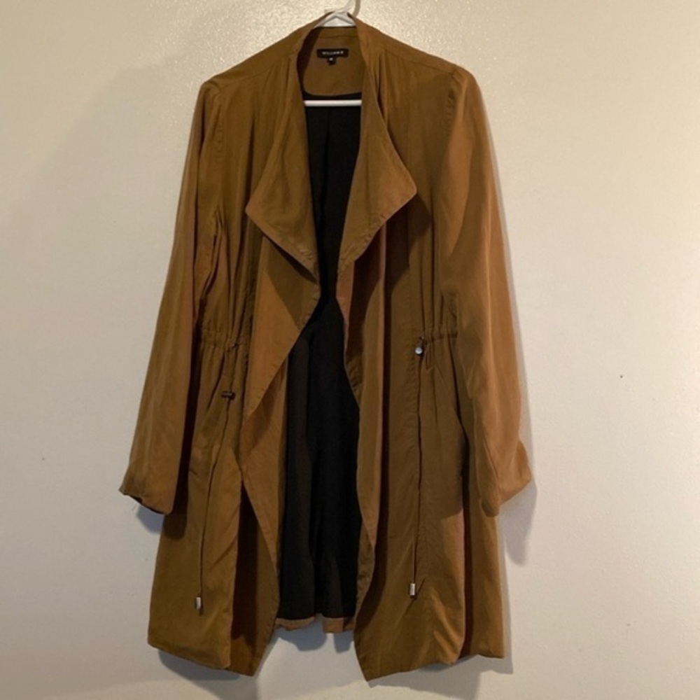 William B camel open adjustable cinched waist tencel long sleeve lined jacket M
